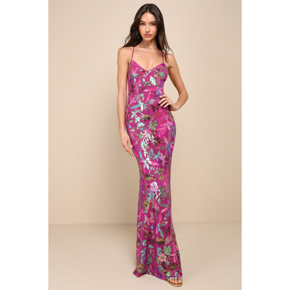 Glittering Icon Magenta Iridescent Sequin Lace-Up Maxi Dress
